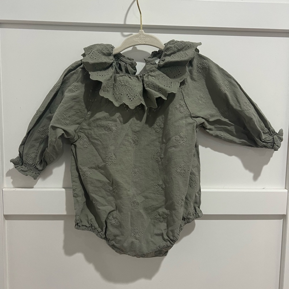 Rylee + Cru Olive Embroidered Baby Romper